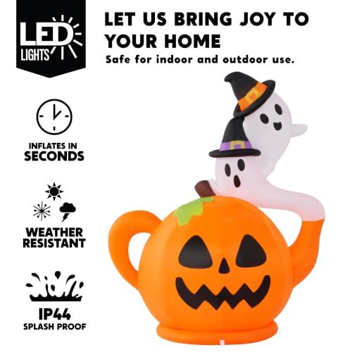 Halloween Inflatable Pumpkin Teapot with Ghosts, Lighted Yard Decor, 5ft Tall