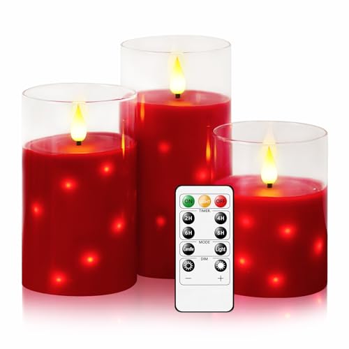 Nimiko Red Flameless Candles Set of 3 Glass Wax LED Candle with Flickering Flame