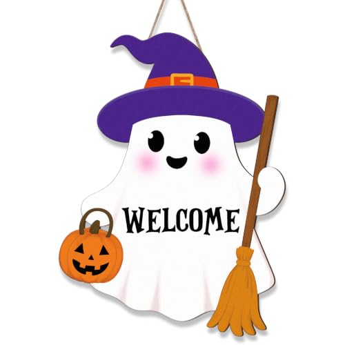 Halloween Ghost Door Wreath Hanger Sign with Welcome - White Ghost Variation