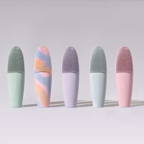 LOLLIPOP Dual-Sided Facial Cleansing Brush | Handle Size Silicone Face Exfoliator and Soft Fiber Cleanser | Manual Face Scrubber for Pores, Makeup Removal, Blackhead and Skincare Routine, Minty