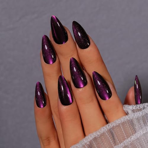 Press On Glitter Cat Eye Nails Medium Almond Black Purple Variation of THIS Listing