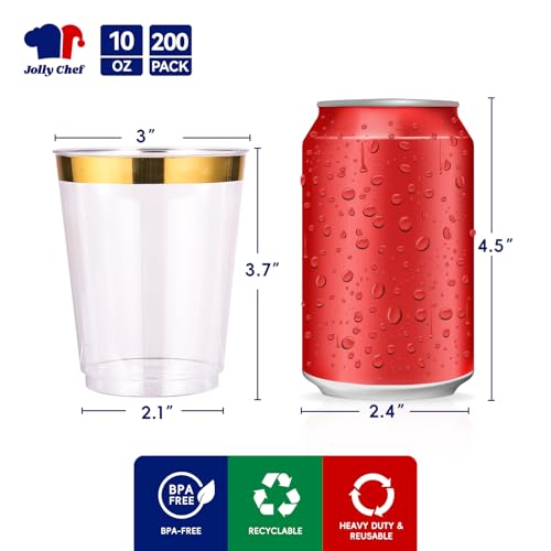 Gold Rimmed Disposable Plastic Cups 10 oz - 200 Pack | Elegant Heavy-Duty Party Cups - GoldRim-10oz-200