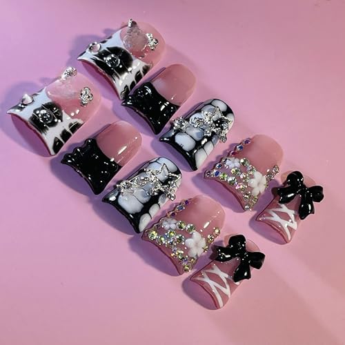 Black Ballet Ribbons Short Duck Press On Nails - Medium Reusable Fake Nails