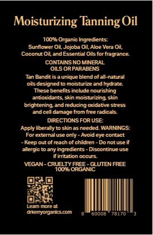 Tan Bandit Moisturizing Tanning Oil with Pina Colada Fragrance, 100% Organic, Non-greasy, Antioxidant-Rich, Tanning Bed Safe, Fast Absorbing, Deep Hydration, Unisex, Pump Bottle, 8 oz, 1ct