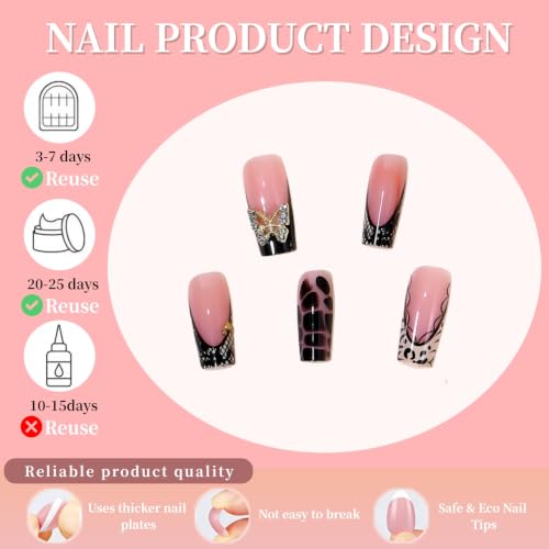 Black French Tip Press-On Nails with 3D Butterfly Rhinestones - Medium Square Style