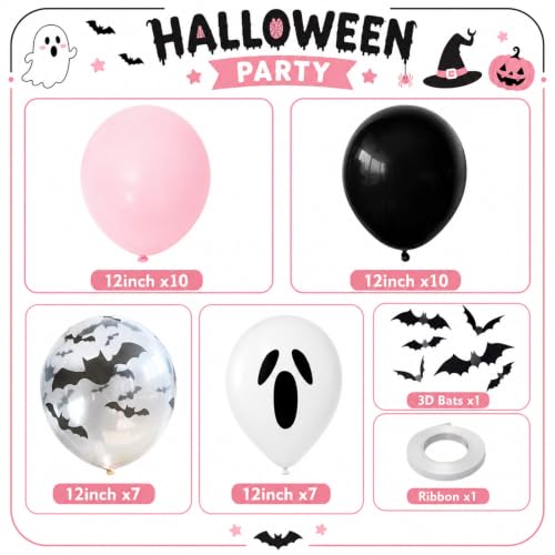 Pink Black Halloween Balloons Set - 35pcs 12 Inch Latex & Foil Decorations with Spider & Ghost