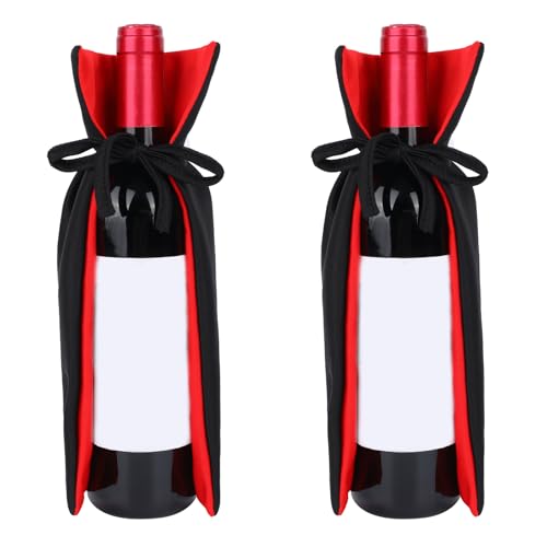 Halloween Vampire Cape Wine Bottle Covers - Reversible Knit Fabric Decorations, Set of 2