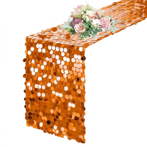 12x108 Inch Orange Sequin Table Runner - Premium Big Payette Glitter Banquet Decor