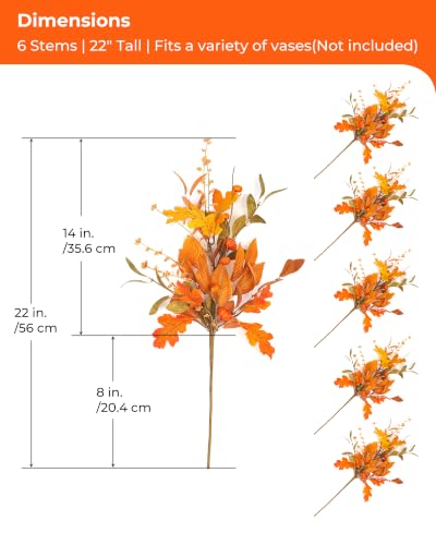 Artificial Fall Foliage Stems for Vase Bouquet - 6 Pack Orange Autumn Decor
