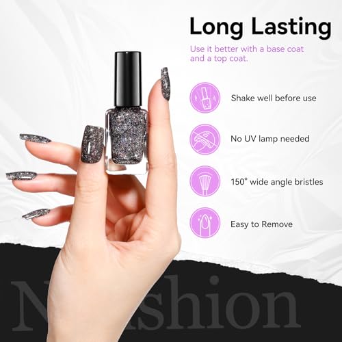 Black Glitter Nail Polish - Rainbow Sparkly Quick Dry with Variation Z016-Glitter Black Sparkle