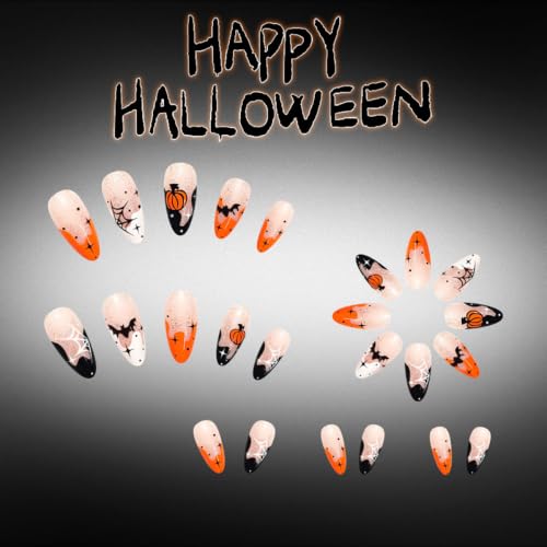 Halloween Press On Nails Medium Almond French Tips with Pumpkin Bat Design - Variation J-03