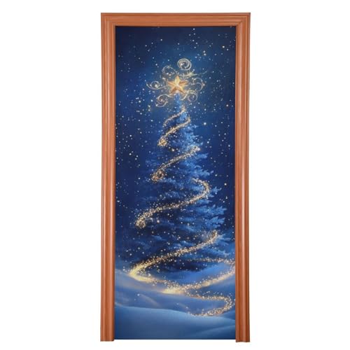 Christmas Tree Door Cover - Blue Holiday Door Decor 35x79 In - Stretch Fabric