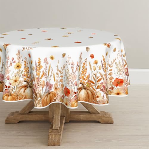 Horaldaily Fall Round Tablecloth 90 Inch Orange Maple Leaves Pumpkin