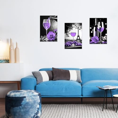 3-Piece Wine Wall Art Canvas Prints Purple and Black Eiffel Tower & Rose Kitchen Decor 16x24in