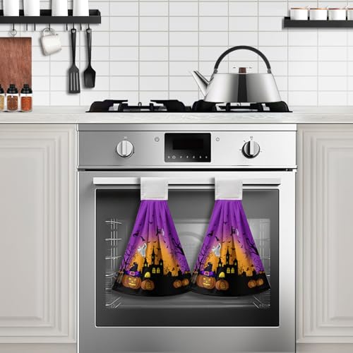 Halloween Pumpkin Castle Hanging Kitchen Towels 2 Pcs Spooky Ghost Bat Hand Towels