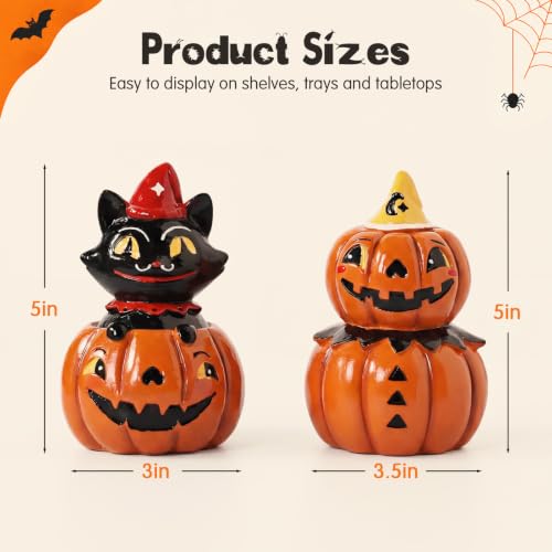 Halloween Decor Black Cat & Pumpkin Resin Figurines - Indoor Festive Table Centerpieces