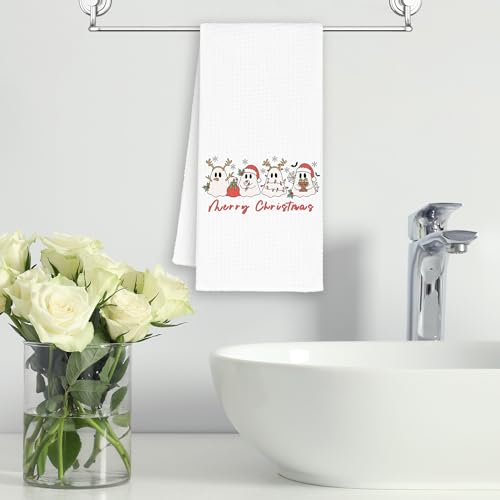 Christmas Ghosts Kitchen Towels - Funny Ghost Santa Light Dish Waffle Towel for Holiday Decor