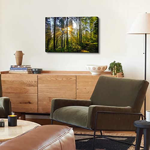 Green Forest Sunrise Wall Art Canvas - 24x16 Inch Tropical Landscape for Living Room & Bedroom