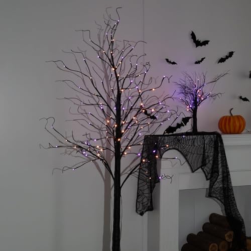 6Ft Black Birch Halloween Tree with 144 LED Purple & Orange Lights - 1 Pack