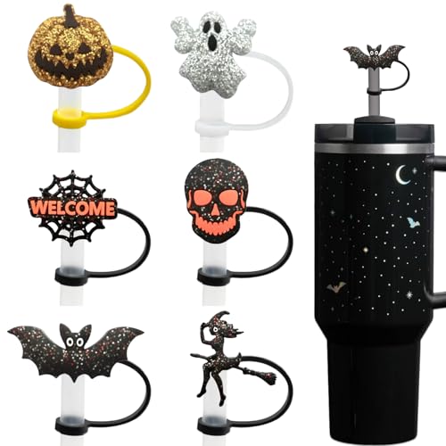 Vintage Halloween Sparkly Straw Toppers - Spooky Cup Accessories, 6 Designs
