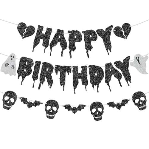 Halloween Birthday Banner Heart Ghost Skull Glitter Party Decorations - Pre-Strung
