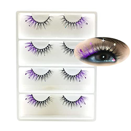 Glitter Rhinestone False Eyelashes - Purple Moon & Star Sequins, Wispy Reusable Fake Lashes for Party & Cosplay - 4 Pairs