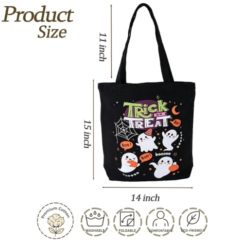 Black Halloween Canvas Tote Bag - Trick or Treat Spooky Witch & Pumpkin Design, 15-Inch Candy Bag