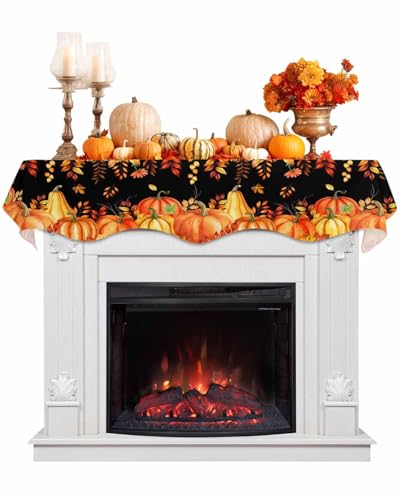 Mantel Scarf 70x17 Inch Fall Pumpkin Thanksgiving Autumn Leaves Fireplace Cover - Orange Red Black Variation