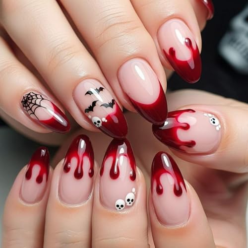 Halloween Nails3 Spooky Fake Nail Set - Blood Drip Black Bat Spider Web Design - 24 Pcs
