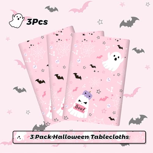 Pink Halloween Plastic Tablecloths - 3 Pack Spooky Party Table Cover - MEHOFOND