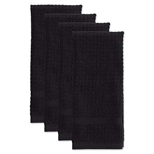 Black Waffle Dishtowel Set - 15x26 Inches, 4 Pieces, Cotton Kitchen Towels
