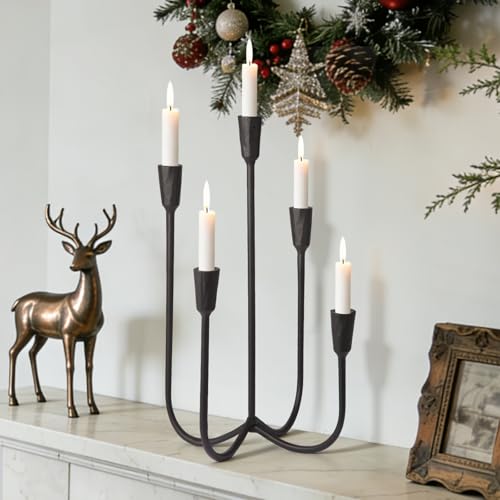 Black Cast Iron 5-Arm Candle Holder Candelabra for Wedding & Home Decor - 17.6 Inch