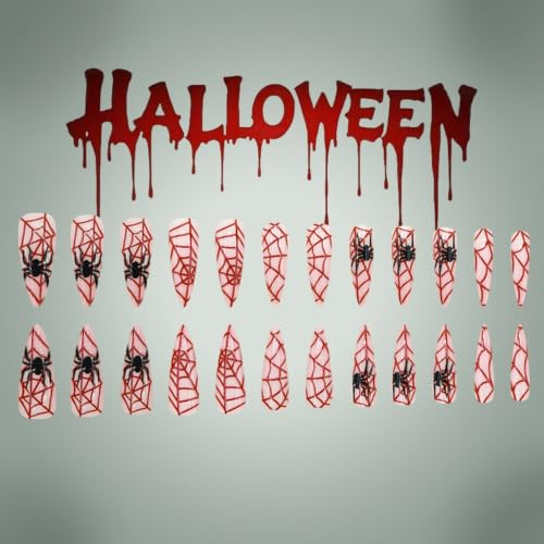 Halloween Long Stiletto Press On Nails with Red Spider Web Design - Variation 42