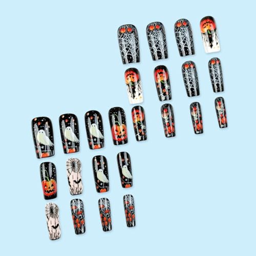 Halloween Press-On Nails Long Square Fake Nails with Ghost Pumpkin Spider Web Bat Designs - Black White Orange, 24Pcs - Variation 4