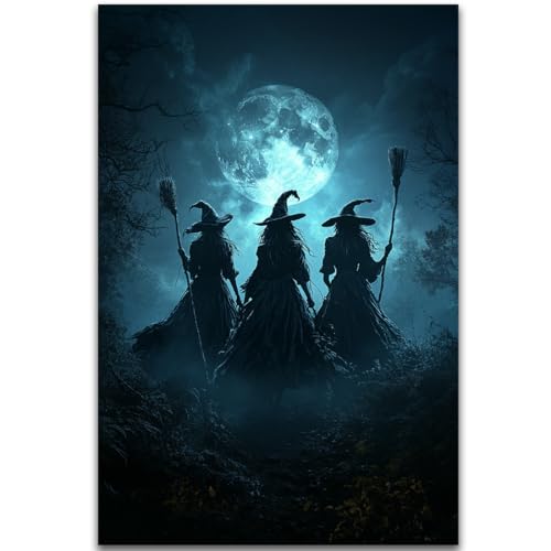 Halloween Canvas Wall Art - Three Witches on Broom Gothic Decor 16x24 Style 10