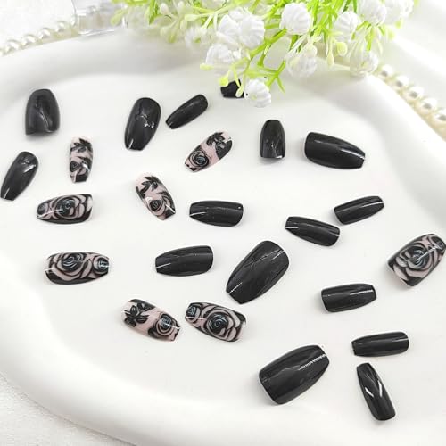 Coffin Press On Nails Short Fake Nails with Rose Leaves Design - Black Glossy 24Pcs