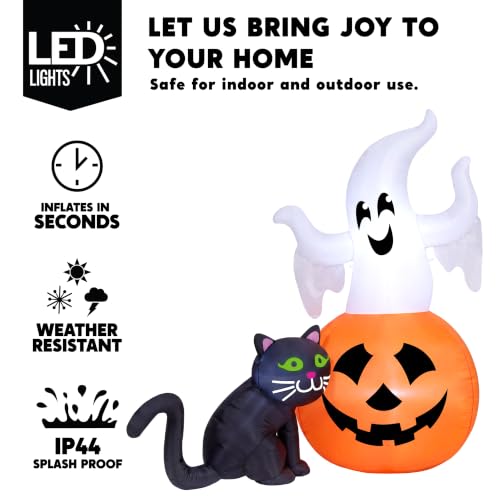 Halloween Inflatable Ghost with Pumpkin and Black Cat - Lighted Yard Decor - 5FT Outdoor Halloween Decoration - White, Orange & Black