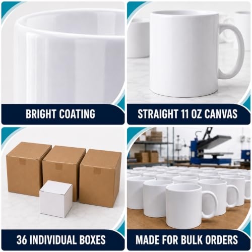36 Pack 11oz White Ceramic Sublimation Mugs - Heat Press Ready, Dishwasher & Microwave Safe