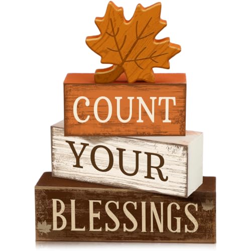 Count Your Blessings Fall Wooden Block Set - Rustic Maple Leaf Decor