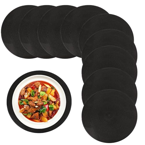 15 Inch Round Braided Placemats Set of 10 Black Woven Polypropylene Table Mats