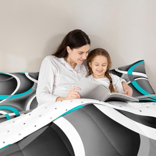 Circle 04 Queen Comforter Set Blue Gray Black Bedding with Pillowcases - Kids Bedroom Decor