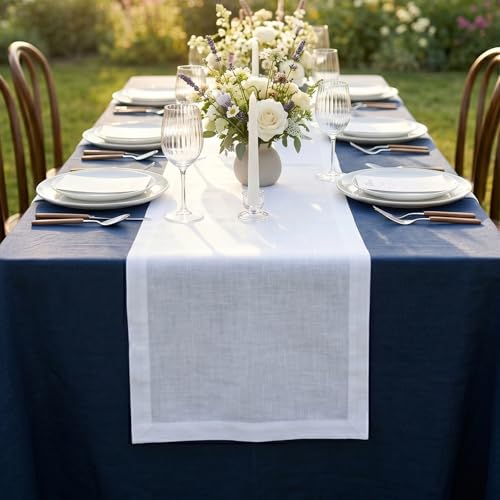 Pure Linen Table Runner White Extra Long 14x156 in - Fete Style, Handcrafted
