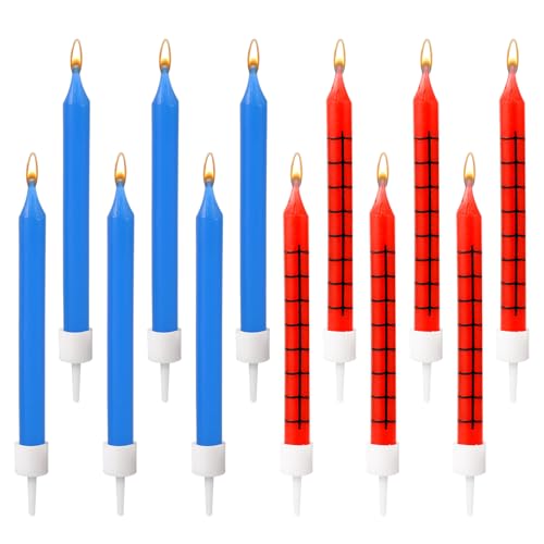Spider Web Birthday Candles Set - 12 Red & Blue Cake Toppers for Halloween & Parties