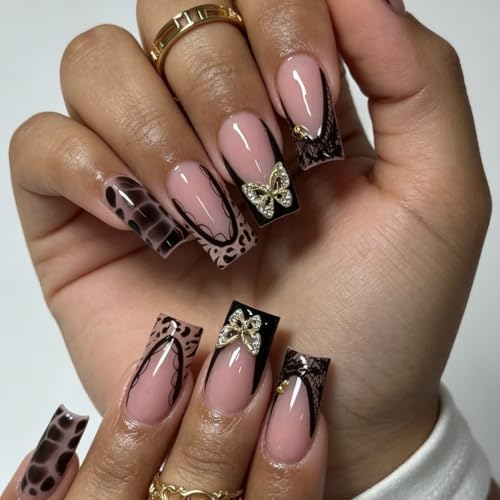 Black French Tip Press-On Nails with 3D Butterfly Rhinestones - Medium Square Style