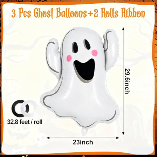 3 Pcs Halloween Ghost Balloons - White Foil Large Mylar Party Decor