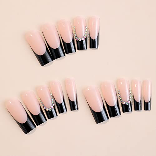 Black French Tip Square False Nails - Style 2, Reusable 24 Pcs with Rhinestones