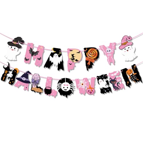 Pink Halloween Banner Set for Party Decorations - Ghost, Pumpkin, Bat, Witch Themes