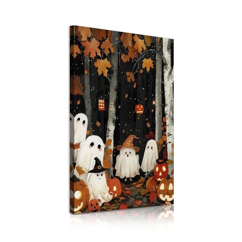 Halloween Ghost Wall Art Canvas - 24x32 Inch Framed Ghosts & Pumpkins Scene - Ghost Party Variation