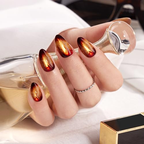 Press On Nails Short Almond with Glitter & Magnetic Effect - Warm Fireplace A2 Variation