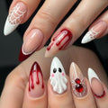 Halloween Fake Nails - Red Spider & Ghost Design Press-On Almond Nails, Reusable, 24Pcs